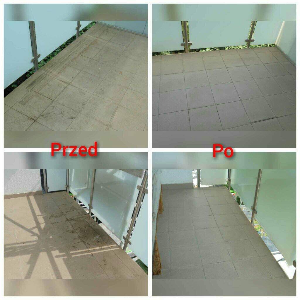 Kafelki na balkonie przed i po czyszczeniu, widoczne różnice w zabrudzeniu fug i powierzchni płytek, ujęcie z góry.