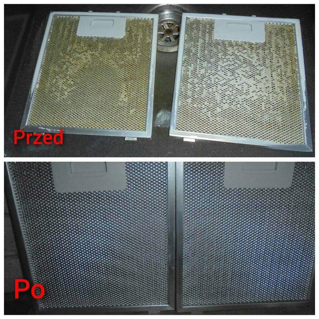 Dwa filtry okapu kuchennego w układzie 'przed' i 'po' czyszczeniu, widoczne różnice w czystości siatki filtracyjnej.
