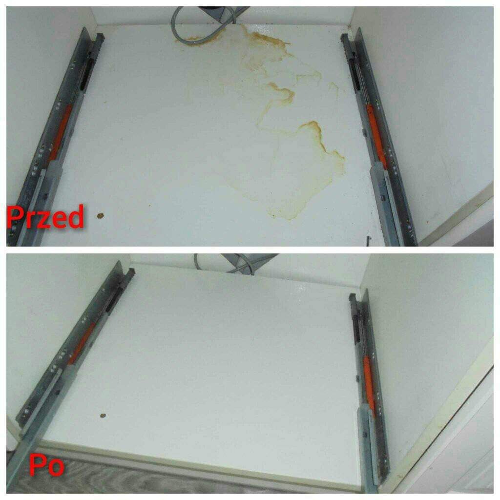 Zdjęcie przedstawia porównanie stanu wnętrza szafki przed i po czyszczeniu, widoczne plamy i zabrudzenia usunięte, mechanizm szuflady pozostaje widoczny.