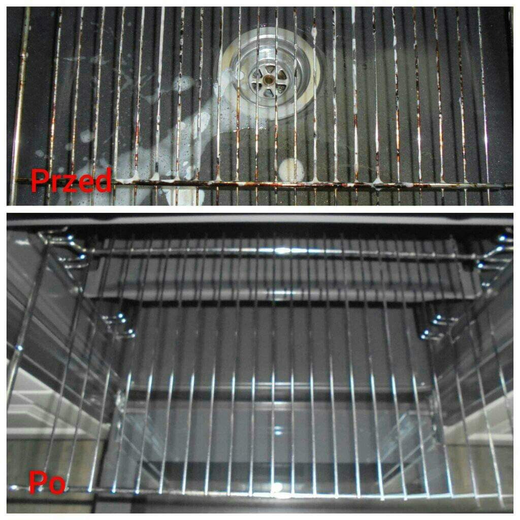 Wnętrze piekarnika: górna część - brudne kratki z resztkami jedzenia i środka czyszczącego (przed), dolna część - czyste kratki (po).