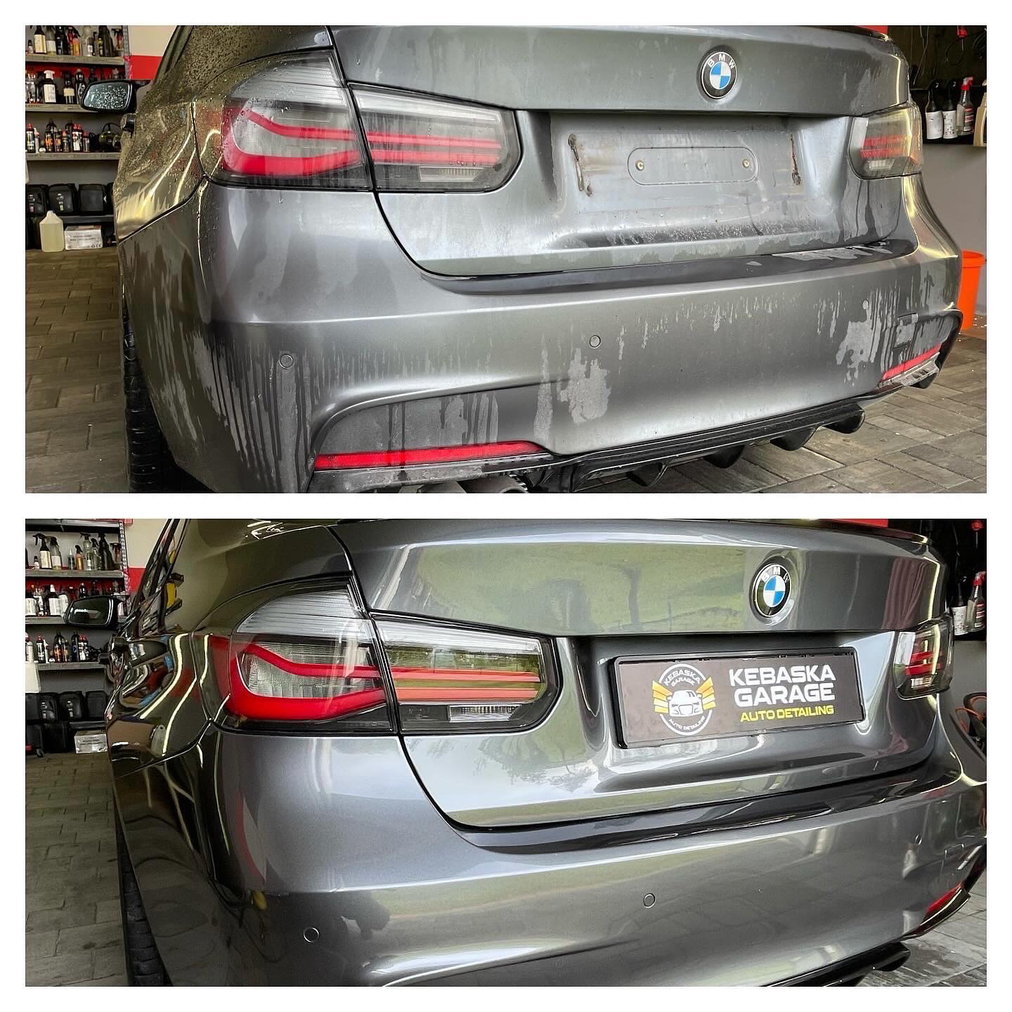 Porównanie tylnej części szarego samochodu BMW serii 3 przed i po myciu, z widocznymi smugami brudu przed i lśniącą powierzchnią po, oraz logo firmy detailingowej na tablicy rejestracyjnej.