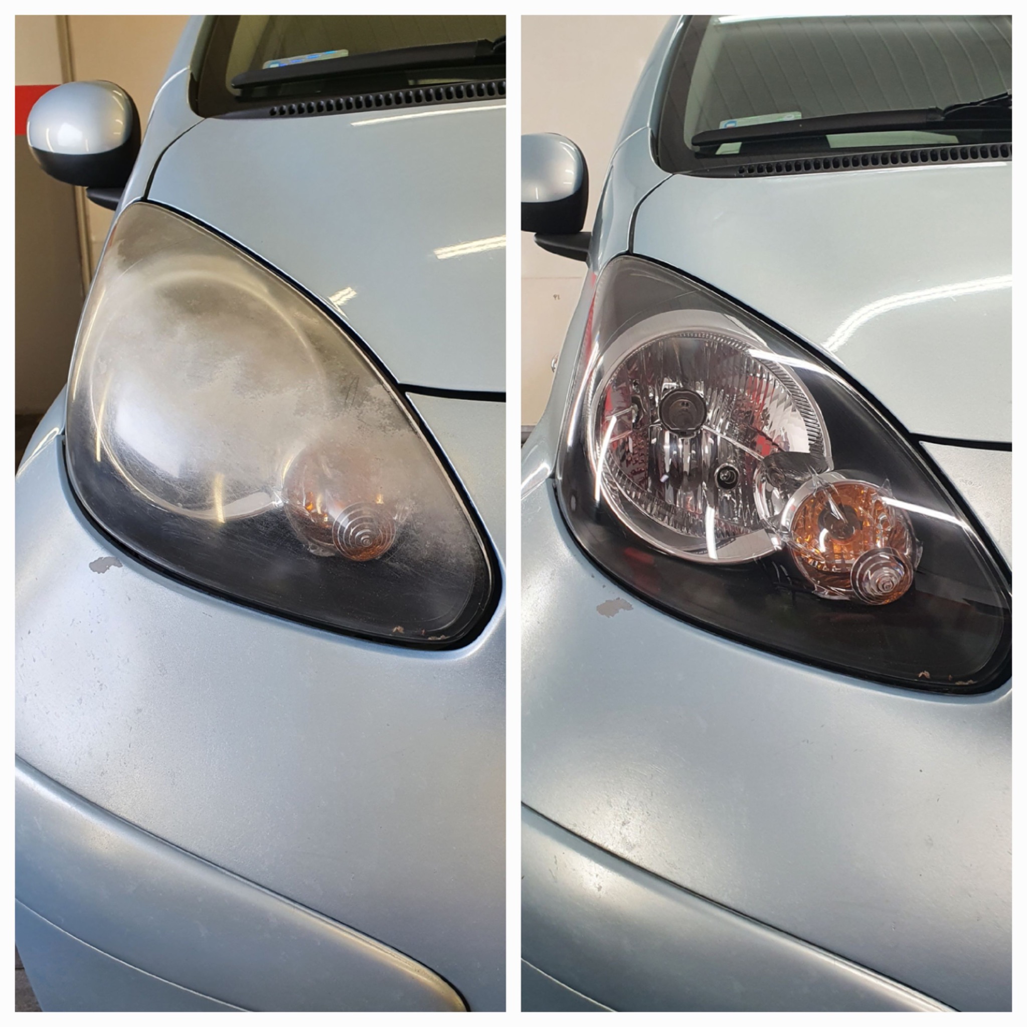Reflektor samochodu przed i po polerowaniu, widoczna wyraźna różnica w przejrzystości klosza.