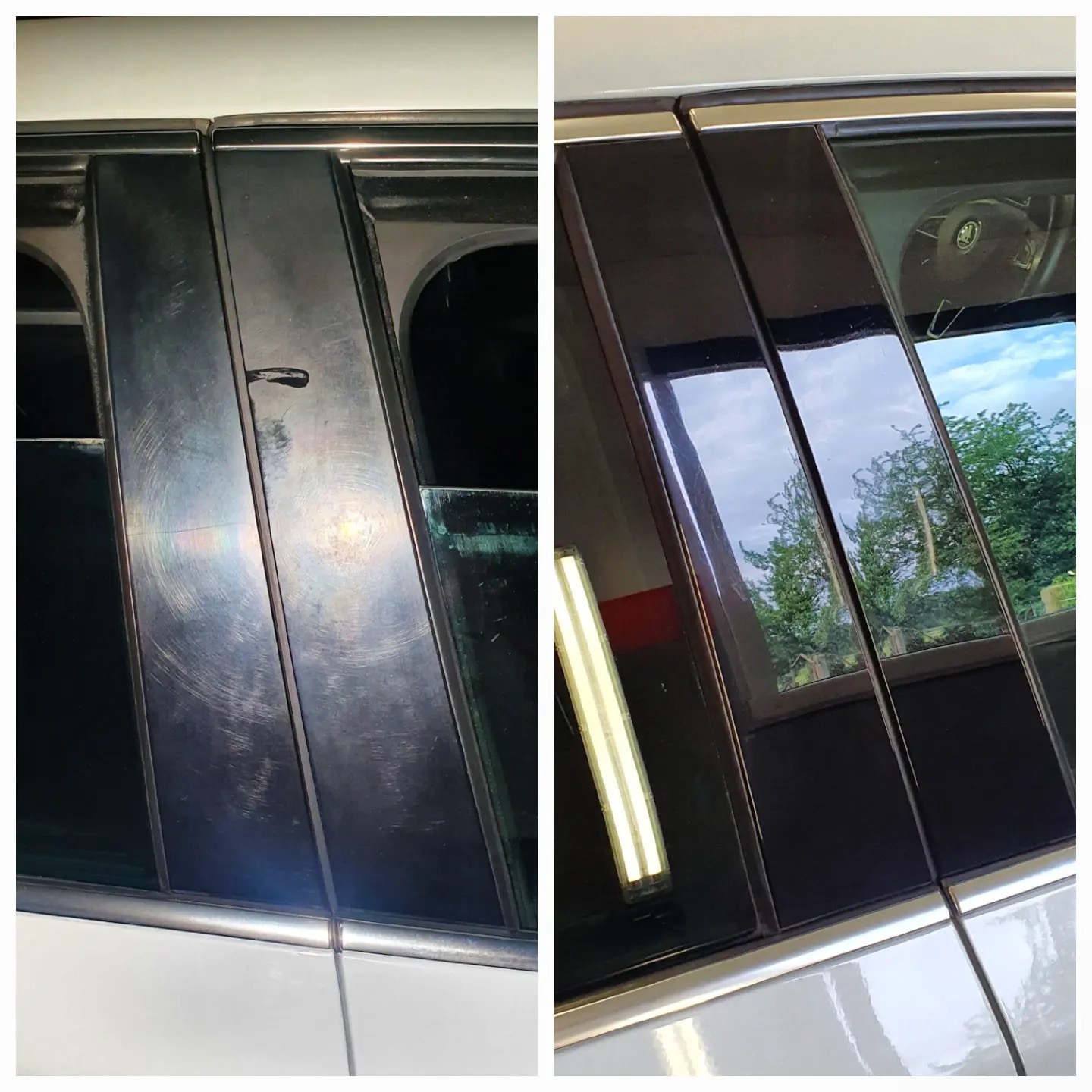 Porównanie stanu słupków okiennych samochodu przed i po polerowaniu, widoczne zarysowania i efekt lustrzanego odbicia po zabiegu.