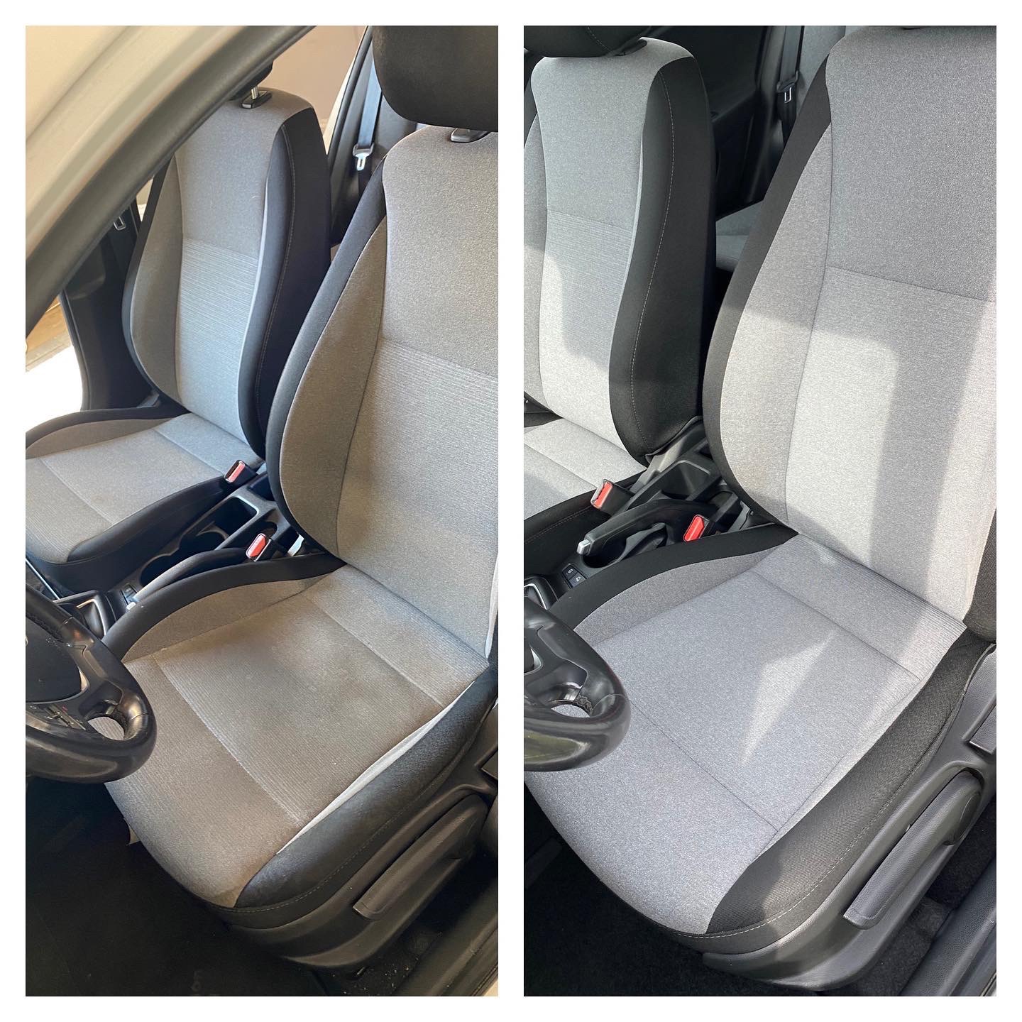 Porównanie foteli samochodowych przed i po czyszczeniu tapicerki, widoczne różnice w odcieniach szarości na tkaninie, fotele z czarnymi elementami wykończenia.