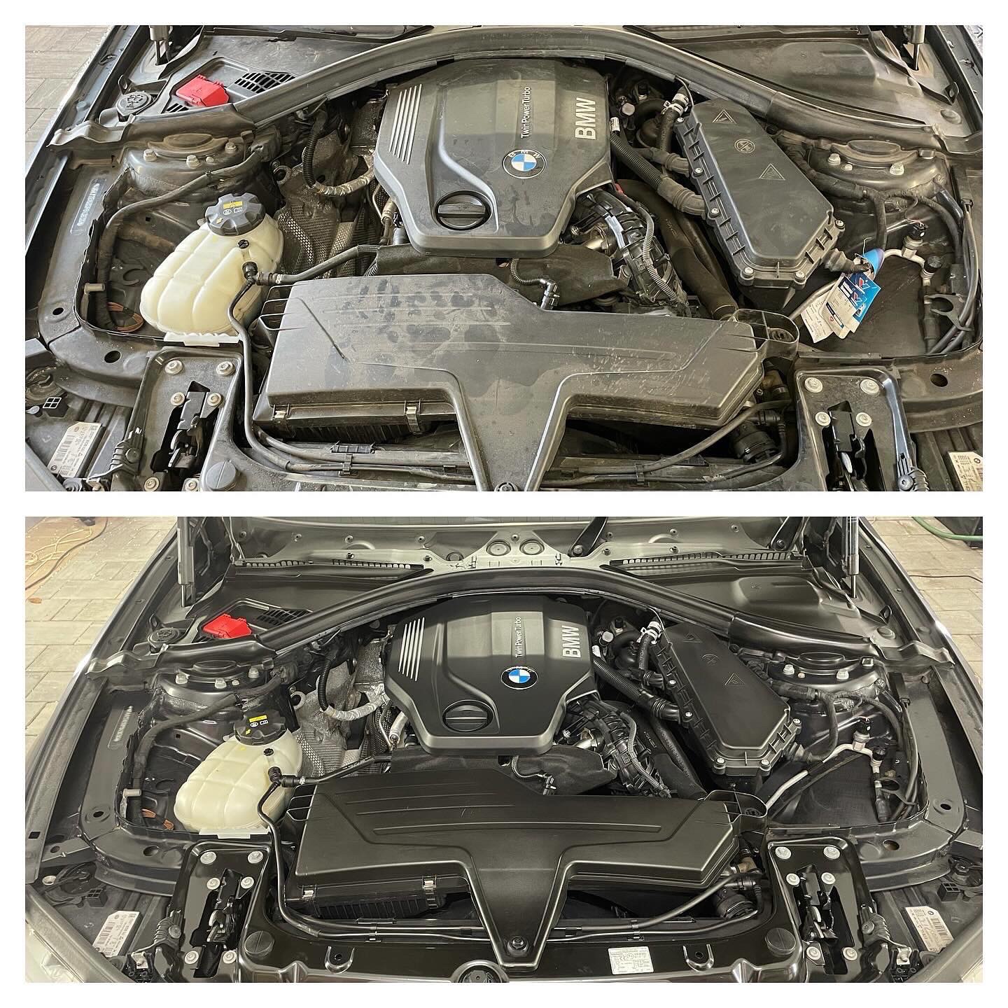 Silnik BMW przed i po czyszczeniu, widoczne różnice w poziomie zabrudzenia, z uwzględnieniem detali takich jak osłona silnika i zbiornik płynu chłodniczego.