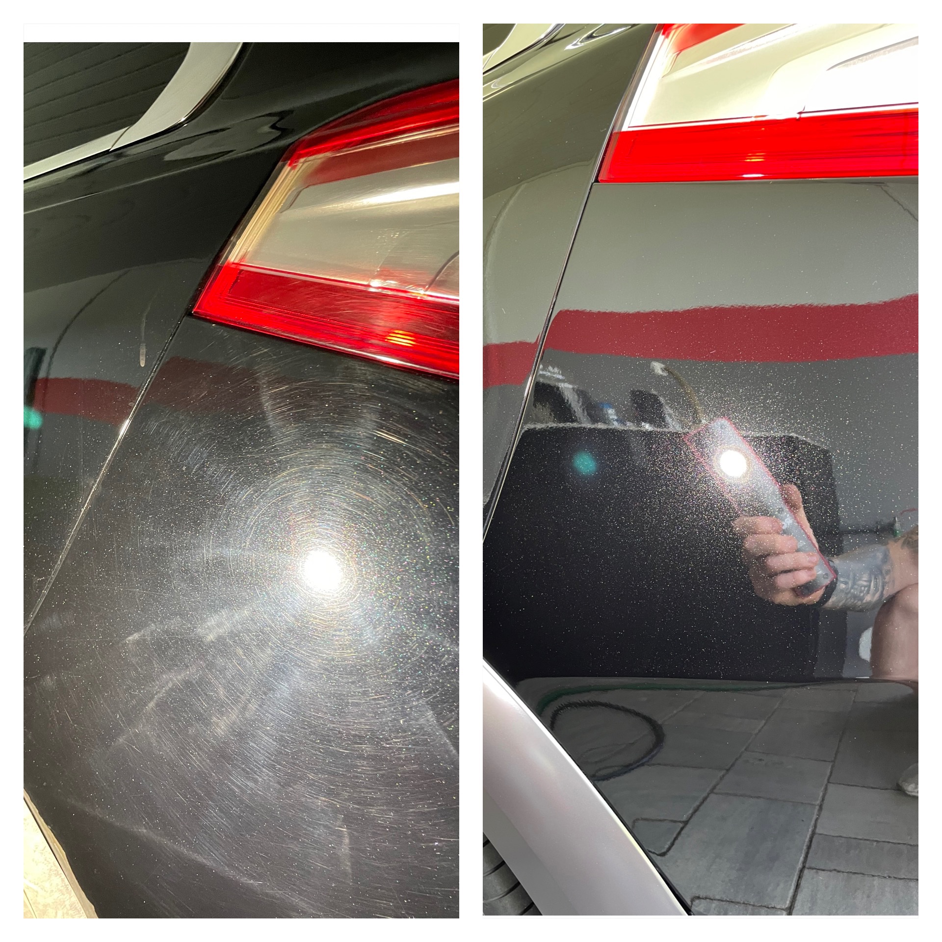 Porównanie stanu lakieru samochodu przed i po korekcie, widoczne zarysowania po lewej stronie i gładka powierzchnia po prawej, oświetlona lampą inspekcyjną.