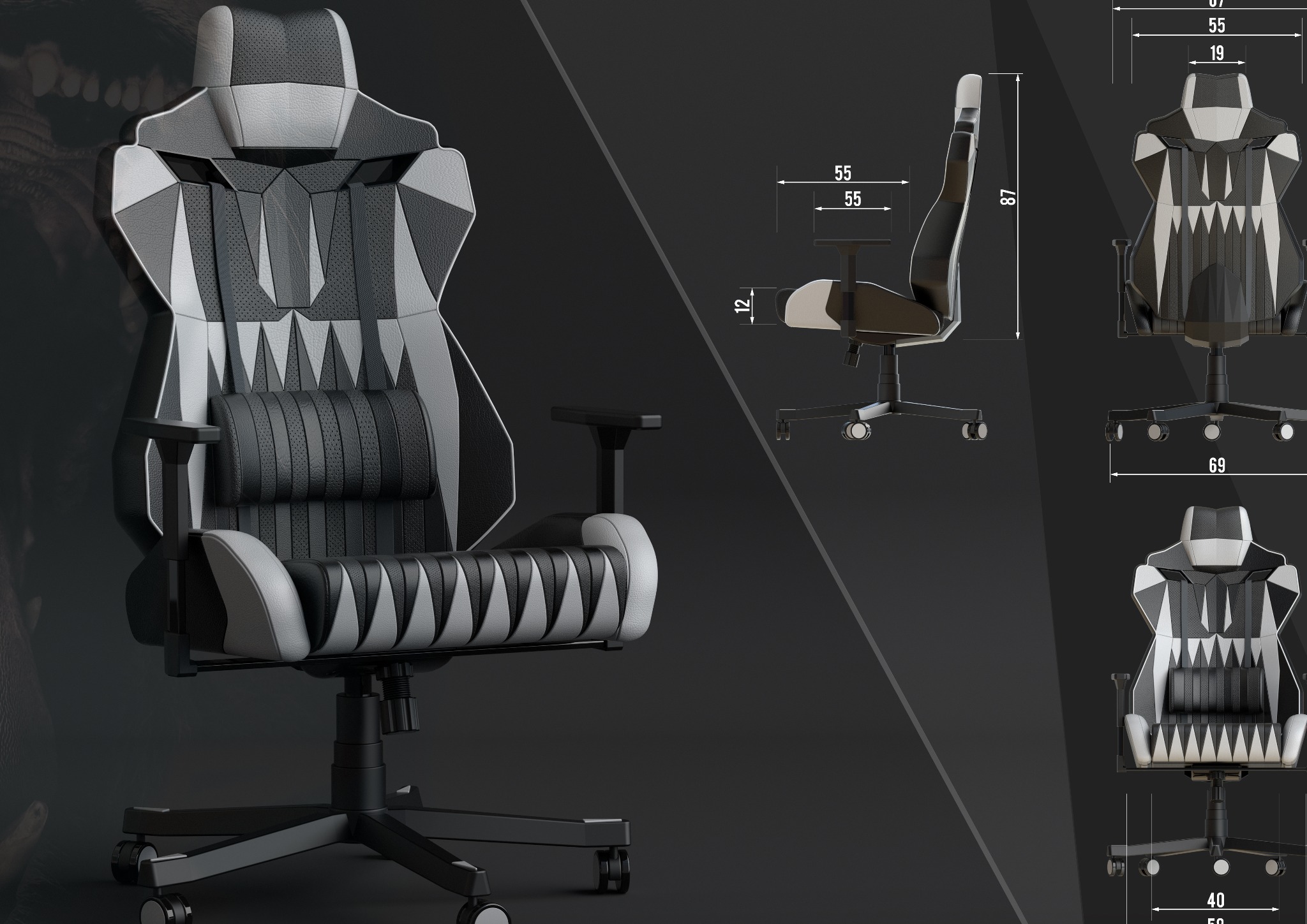Czarno-szare krzesło gamingowe z perforowanej skóry, widoczne z przodu, z boku i z tyłu z naniesionymi wymiarami na ciemnym tle.