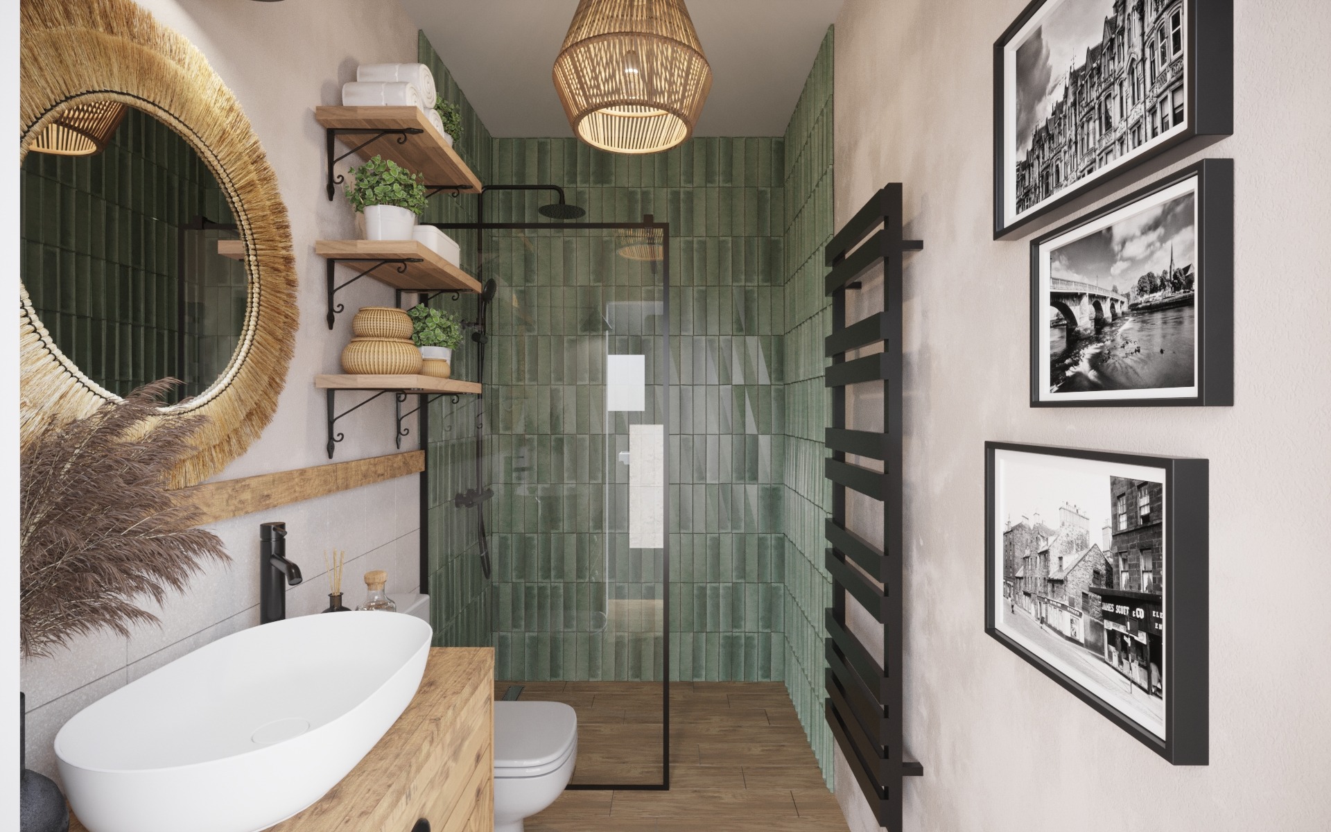 Stylowa łazienka z zielonymi płytkami, drewnianymi akcentami i okrągłym lustrem z rafii. Umywalka nablatowa i czarne, minimalistyczne dodatki.