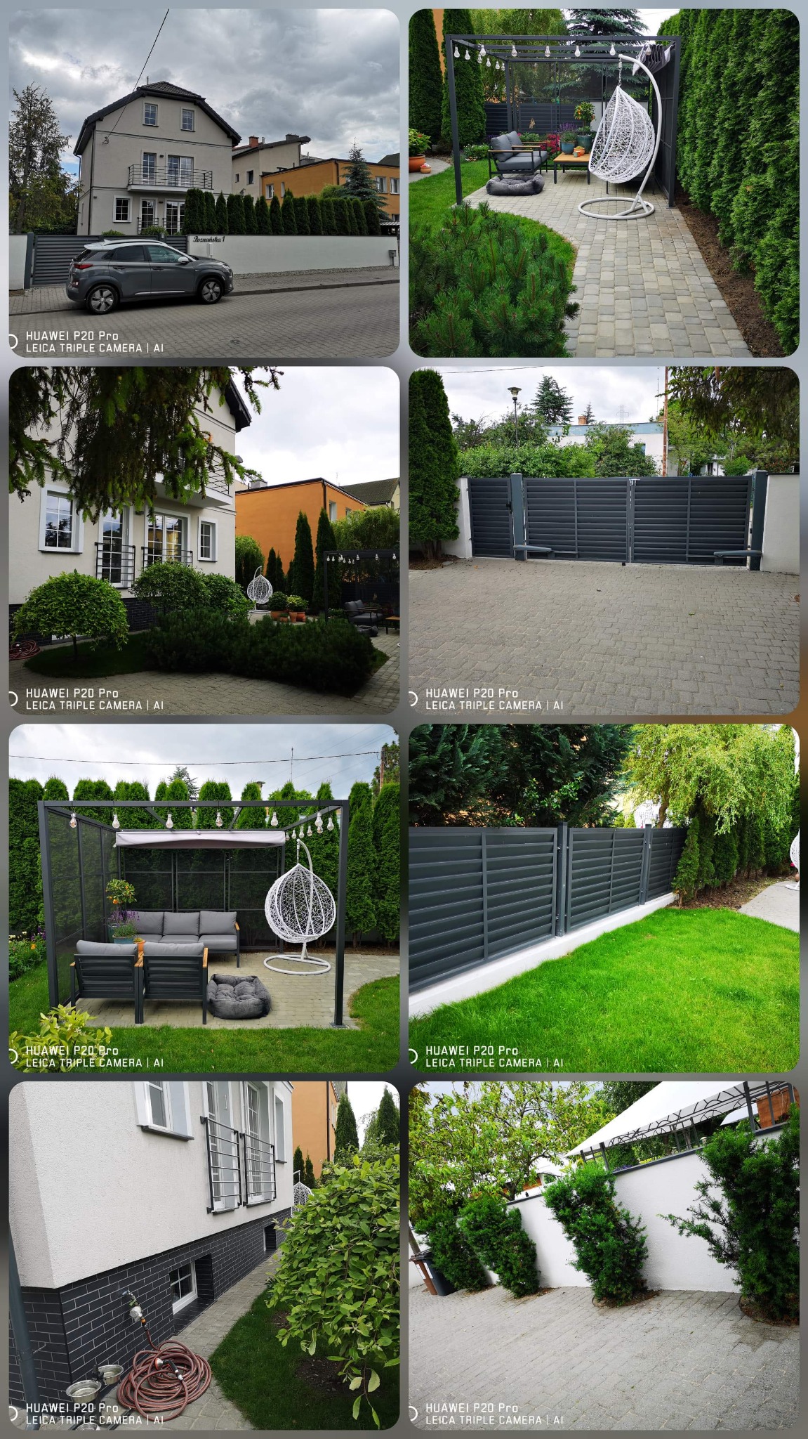 Nowoczesny ogród z szarą pergolą, wiszącym fotelem typu kokon i eleganckim ogrodzeniem panelowym, otoczony zadbaną zielenią, w tym strzyżonymi tujami.