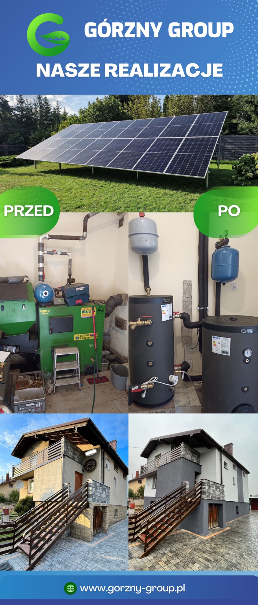 Kompozycja czterech zdjęć: instalacja paneli słonecznych na trawniku, wymiana kotła w kotłowni, elewacja domu przed i po remoncie, z widocznymi zmianami w kolorystyce i strukturze.