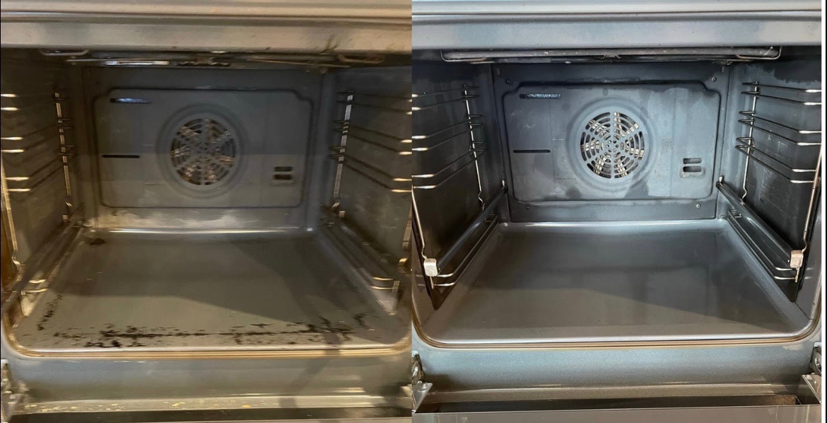 Wnętrze piekarnika: po lewej silnie zabrudzone, po prawej czyste po usłudze sprzątania, widoczny wentylator na tylnej ściance.