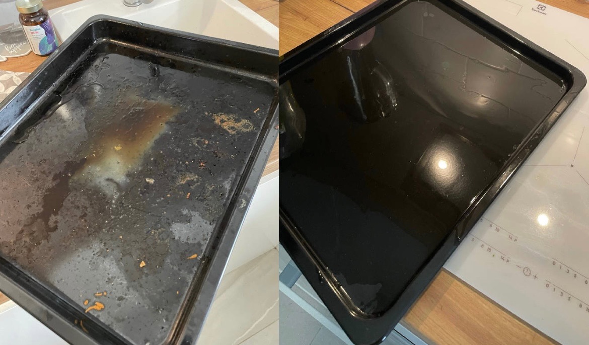 Porównanie blachy do pieczenia przed i po czyszczeniu w Gdańsku, widoczne resztki jedzenia i tłuszcz przed, a lśniąca powierzchnia po.