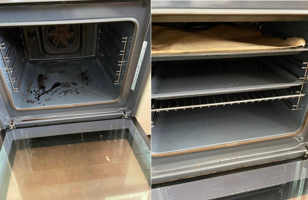 Porównanie wnętrza brudnego piekarnika z widocznymi przypaleniami i tłuszczem, z wnętrzem piekarnika po czyszczeniu z widoczną blachą wyłożoną papierem do pieczenia.