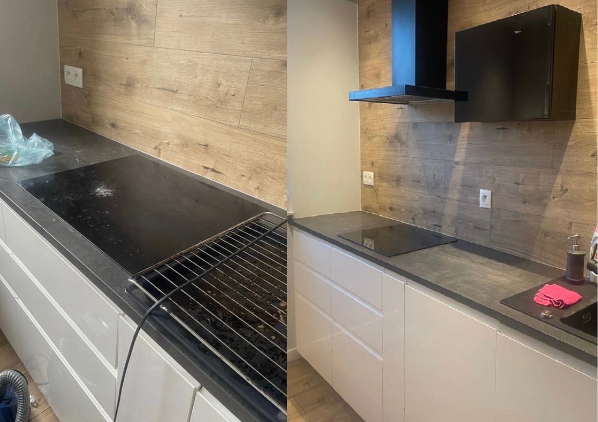Porównanie stanu kuchni przed i po: brudna płyta indukcyjna i ruszt piekarnika vs. czysta płyta indukcyjna i blat z umytym zlewem oraz czystą ściereczką.