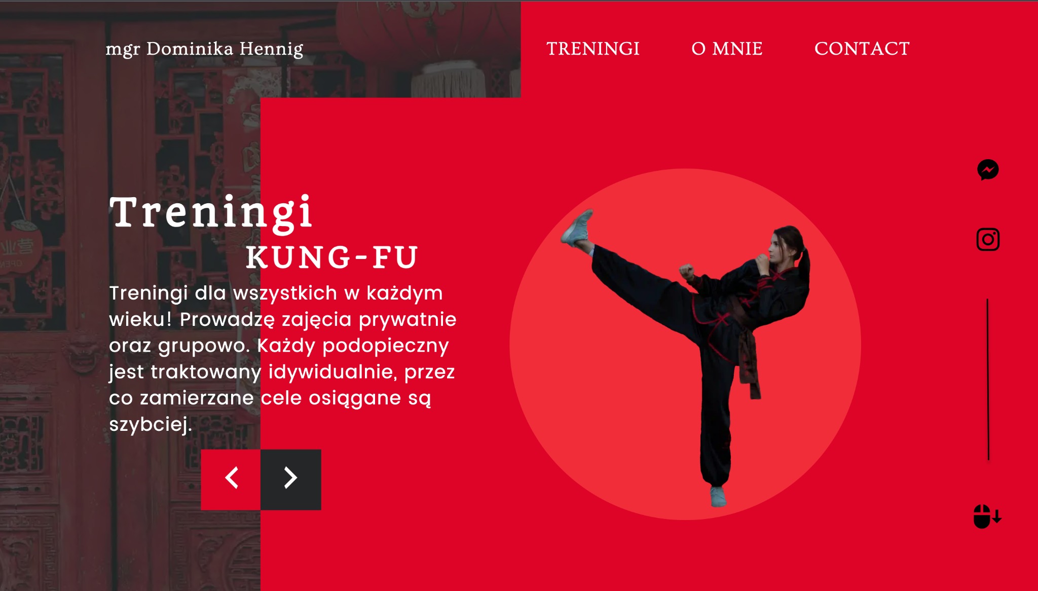 Strona internetowa z wizerunkiem kobiety w stroju do Kung-Fu, wykonującej kopnięcie, na czerwonym tle z tekstem o treningach.