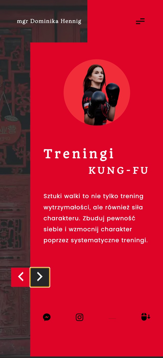 Grafika strony internetowej z elementami Kung-Fu, prezentująca zdjęcie kobiety w rękawicach bokserskich na czerwonym tle z tekstem o treningach i sztukach walki.