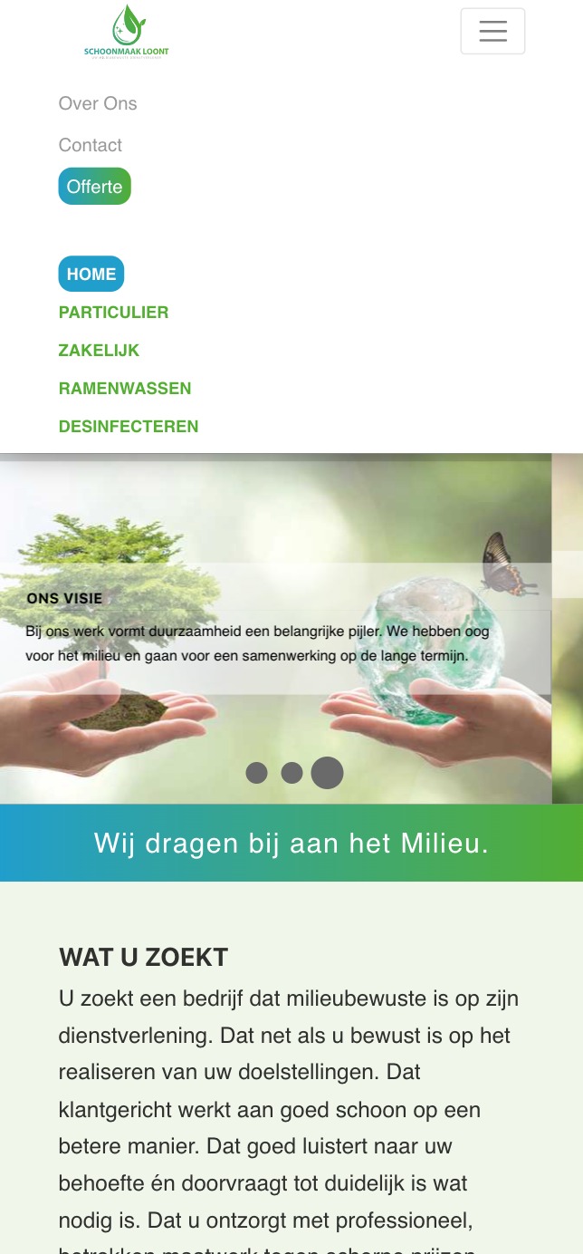 Strona internetowa firmy sprzątającej Schoonmaak Loont z menu nawigacyjnym, sekcją 'Ons Visie' z grafiką rąk trzymających ziemię i szklaną kulę z motylem, oraz tekstem 'Wij dragen bij aan het...