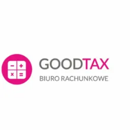 Logo biura rachunkowego GoodTax z Tomaszowa Mazowieckiego, okrągły symbol z działaniami matematycznymi w kolorze różowym, nazwa firmy w kolorze szarym i różowym, pod spodem napis 'Biuro Rachunkowe'.