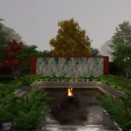 Wizualizacja ogrodu z wodospadem na tle metalowej ramy, centralnie umieszczone palenisko, otoczone zielenią i schodami prowadzącymi w dół.