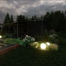 Wizualizacja ogrodu z nowoczesnym pawilonem, oświetleniem w postaci kul i podłużnym zbiornikiem wodnym z cortenu, otoczonego roślinnością.