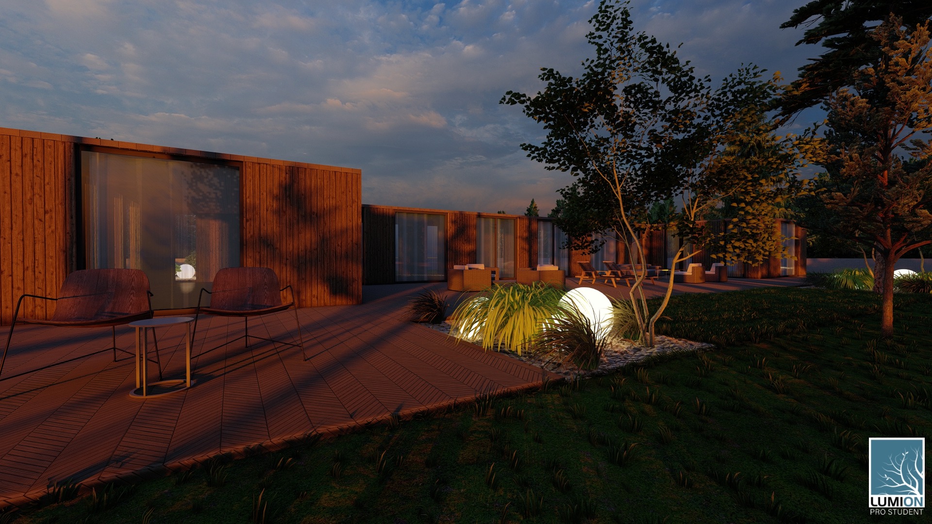 Wizualizacja ogrodu z drewnianym domem, tarasem z dwoma krzesłami i stolikiem, oświetlonymi kulami oraz bujną roślinnością o zmierzchu.