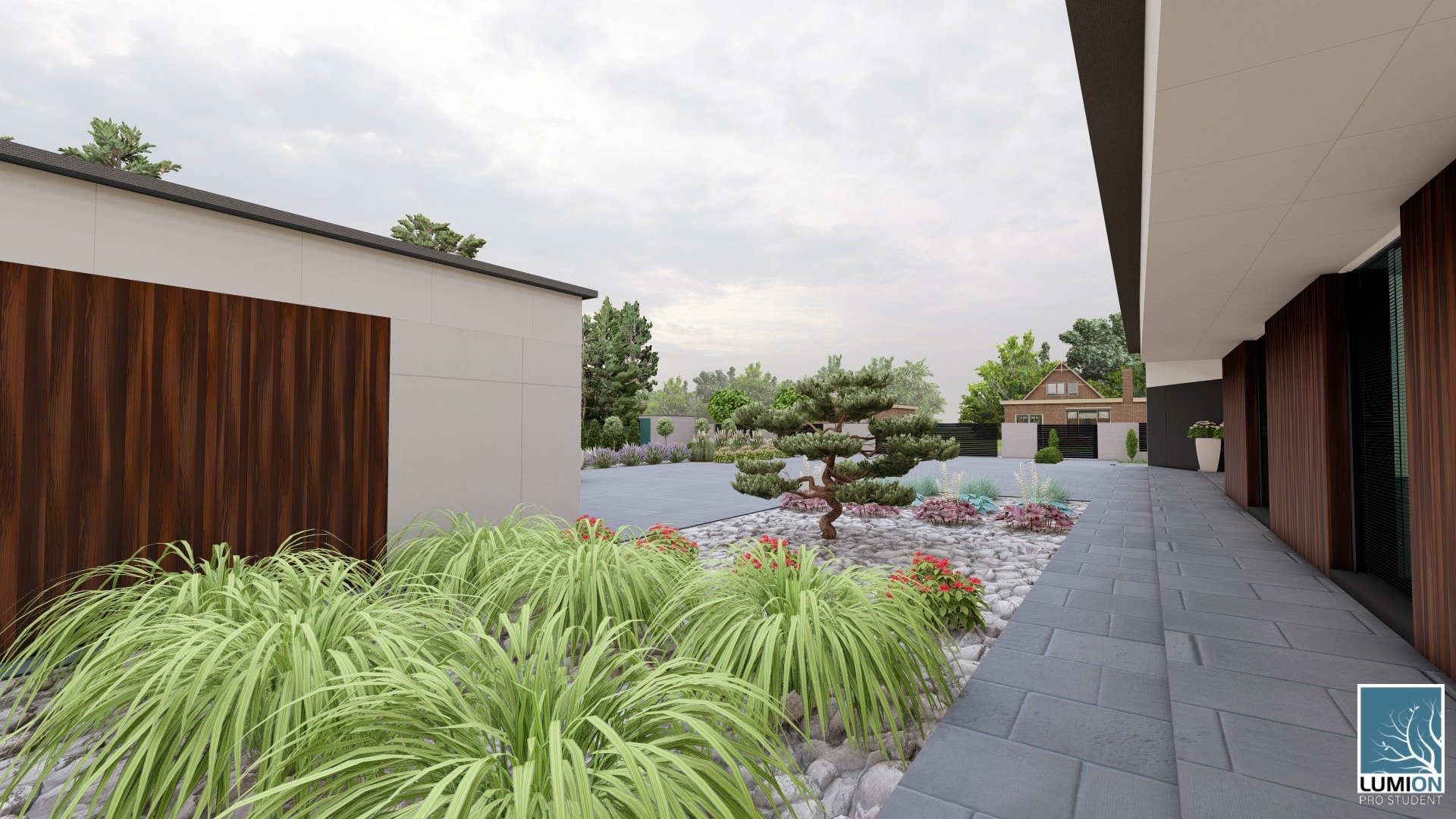 Wizualizacja ogrodu japońskiego z bonsai, ozdobnymi trawami i kamieniami, otoczonego nowoczesną architekturą budynku z drewnianą fasadą.