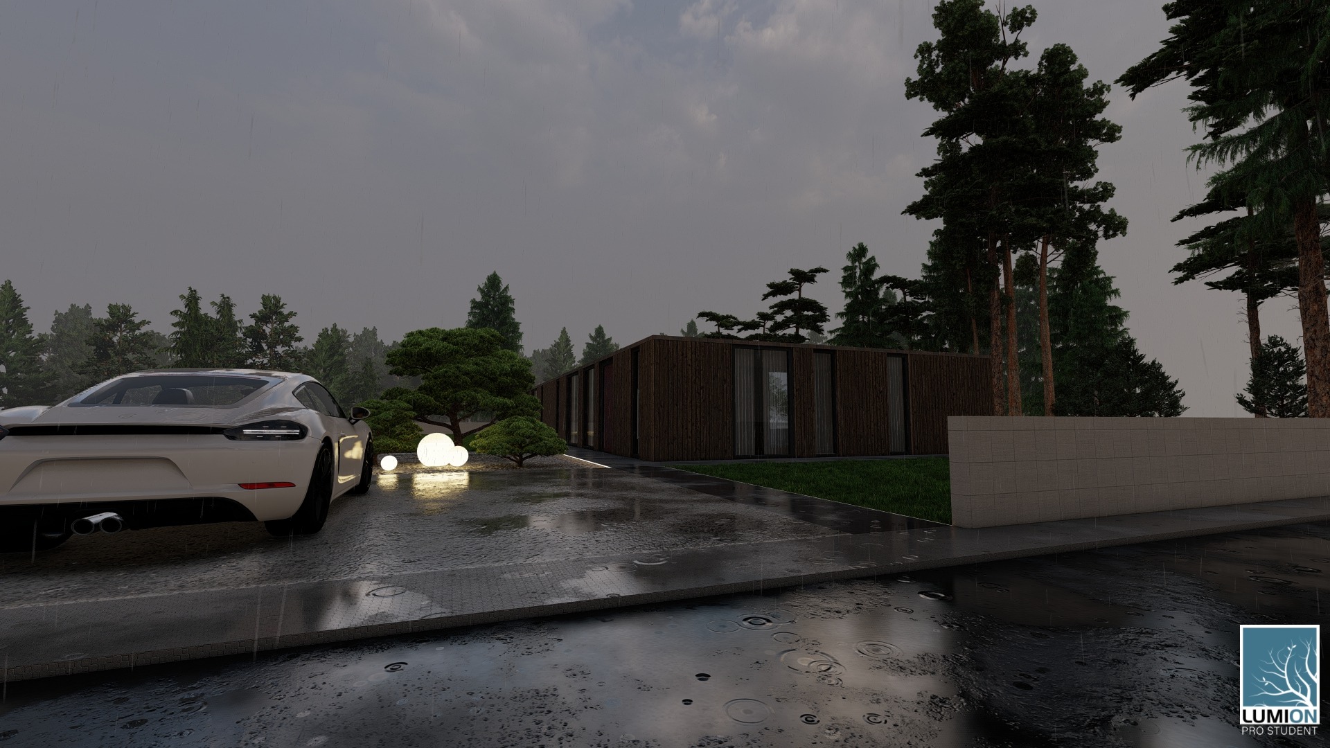 Wizualizacja nowoczesnego domu z ogrodem w deszczowy dzień, z białym sportowym samochodem na podjeździe i kulistymi lampami ogrodowymi.