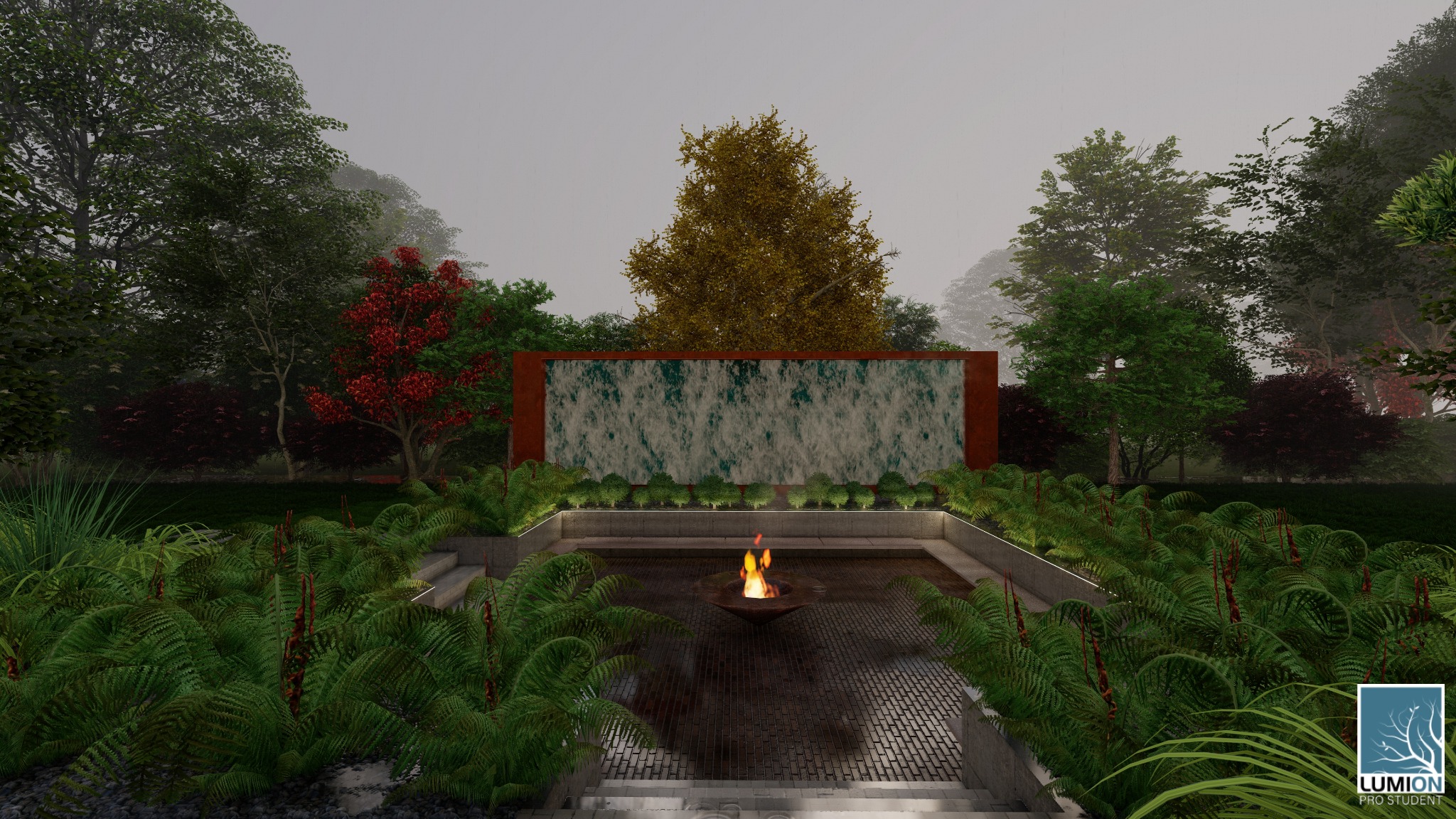 Wizualizacja ogrodu z wodospadem na tle metalowej ramy, centralnie umieszczone palenisko, otoczone zielenią i schodami prowadzącymi w dół.