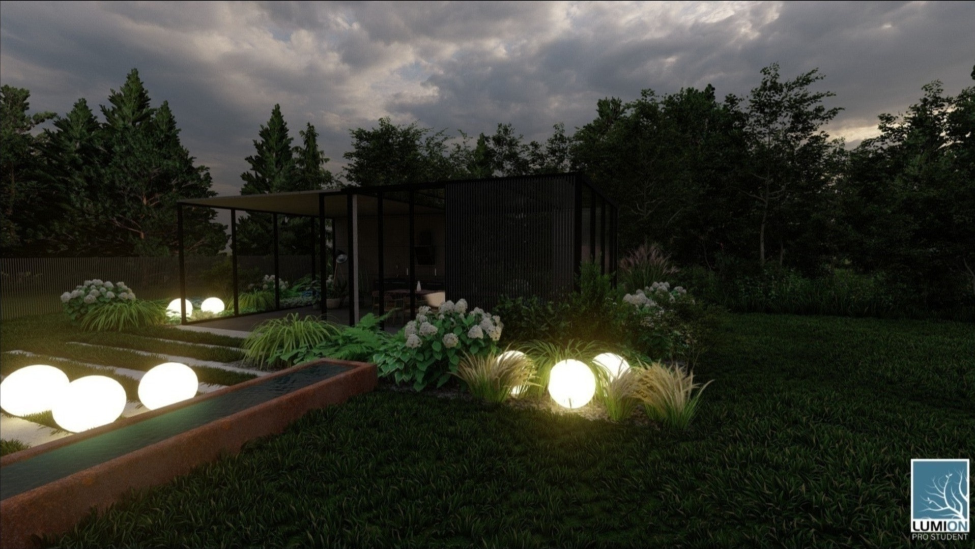 Wizualizacja ogrodu z nowoczesnym pawilonem, oświetleniem w postaci kul i podłużnym zbiornikiem wodnym z cortenu, otoczonego roślinnością.