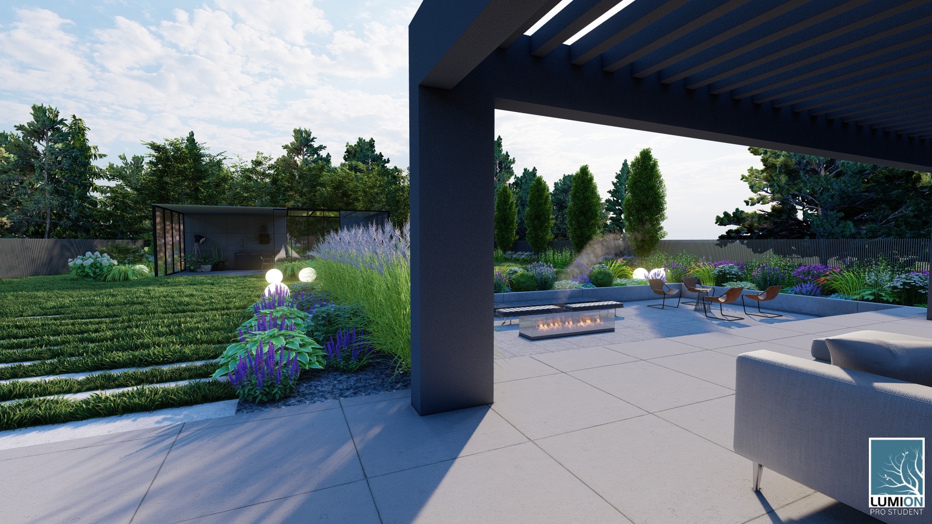 Nowoczesny ogród z minimalistyczną altaną, podświetlanymi kulami i paleniskiem gazowym otoczony kwitnącymi rabatami.