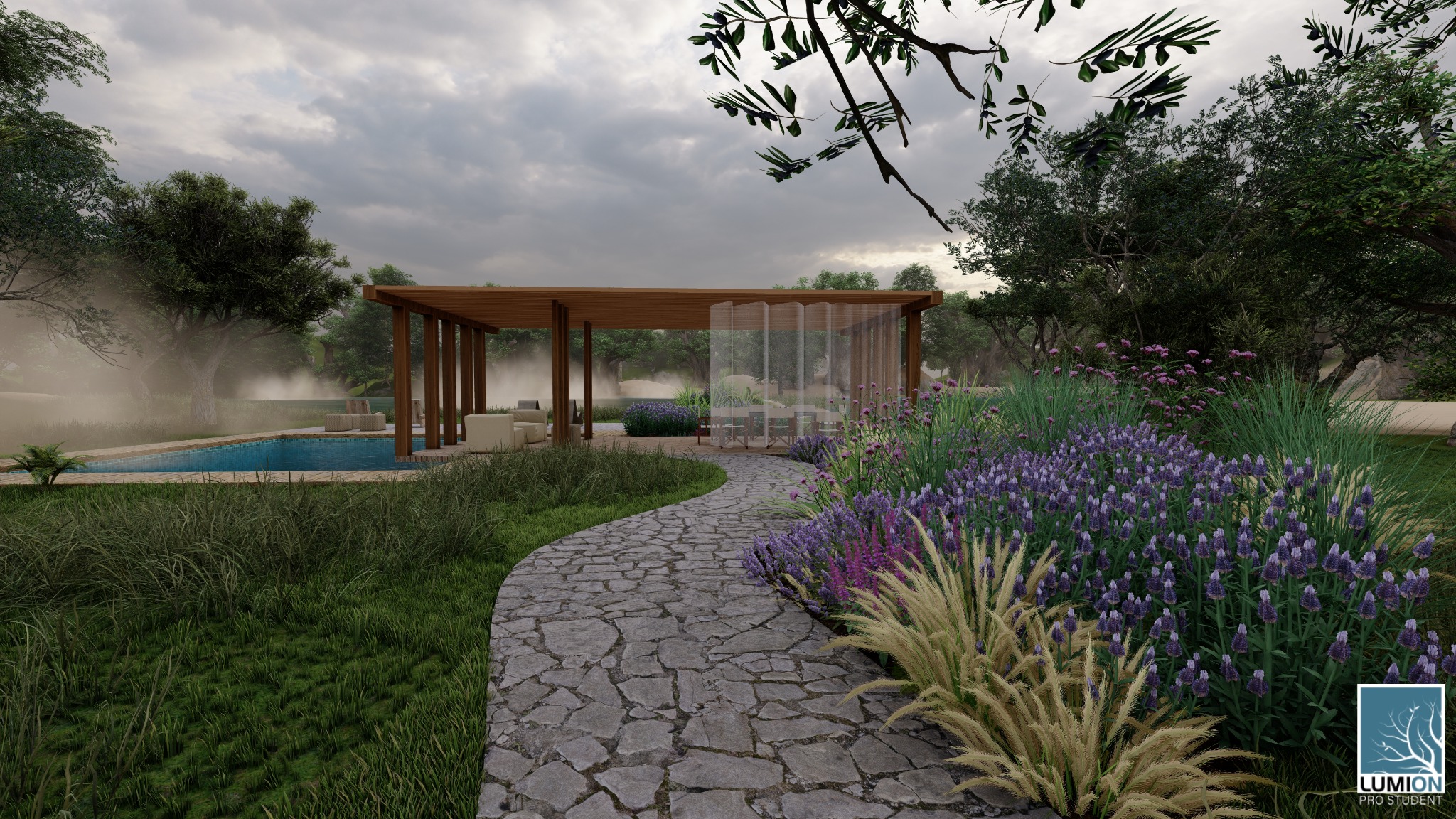 Wizualizacja ogrodu z basenem, kamienną ścieżką prowadzącą do drewnianej altany z zasłonami, otoczonej kwitnącą lawendą i ozdobnymi trawami.