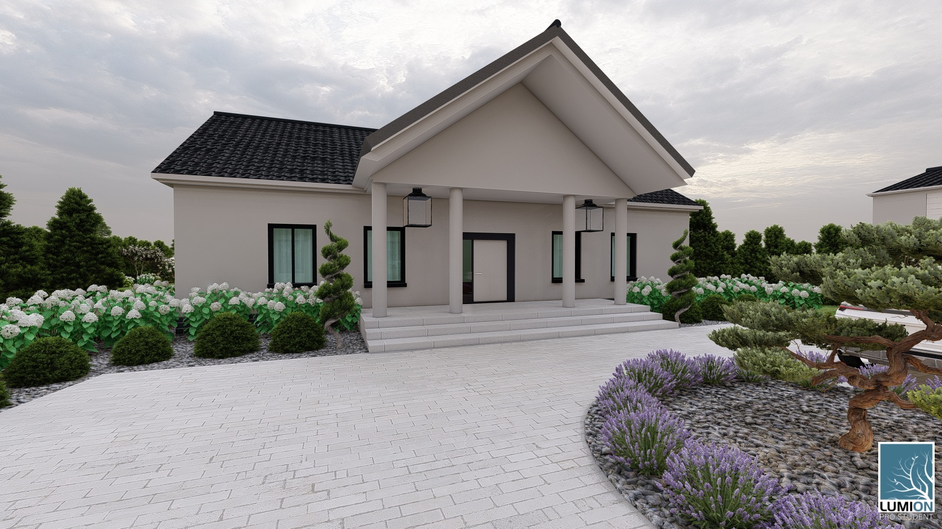 Wizualizacja domu jednorodzinnego z jasną elewacją, czarnym dachem i starannie zaprojektowanym ogrodem z kwitnącą lawendą, spiralnie formowanymi iglakami i ozdobnym drzewem na tle pochmurnego nieba.