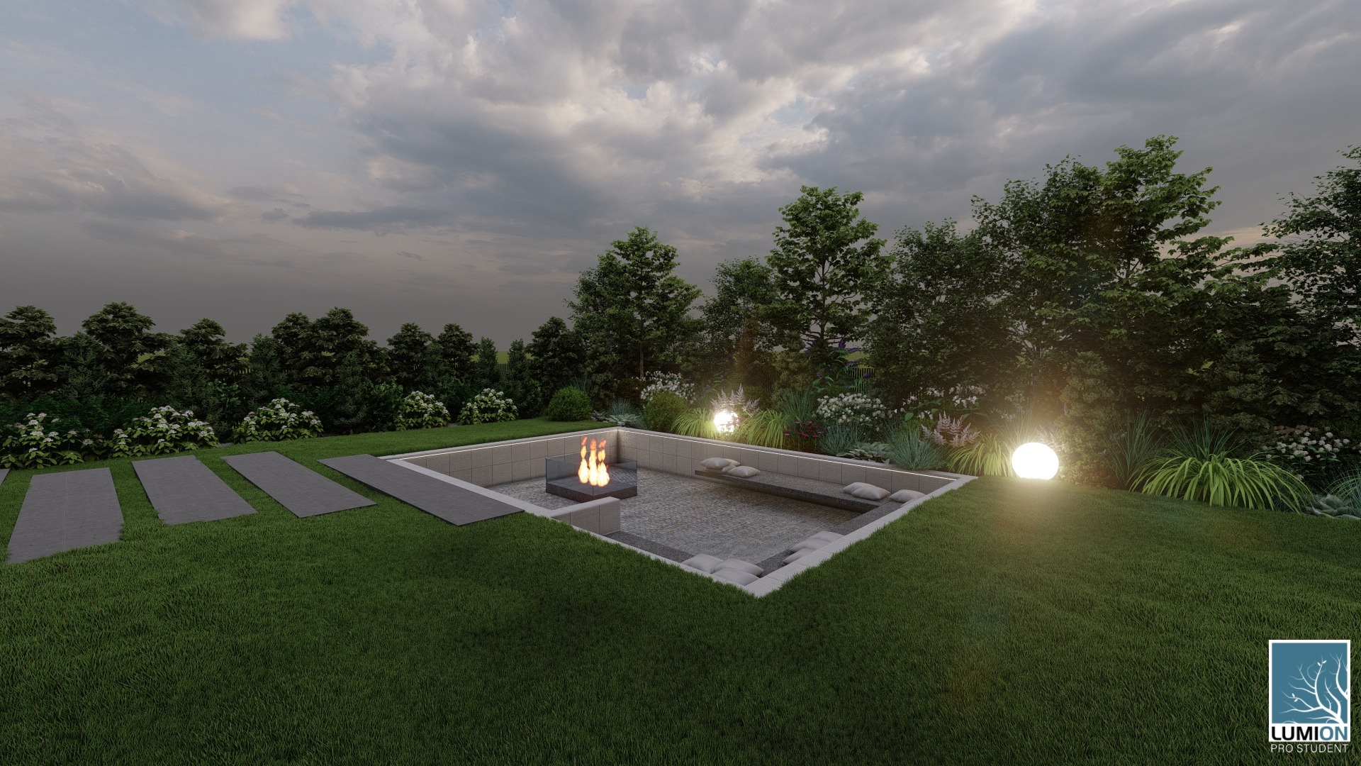 Projekt zagospodarowania przestrzeni ogrodowej z paleniskiem otoczonym betonową konstrukcją i podświetlonymi kulami, widok z góry na tle drzew i pochmurnego nieba.