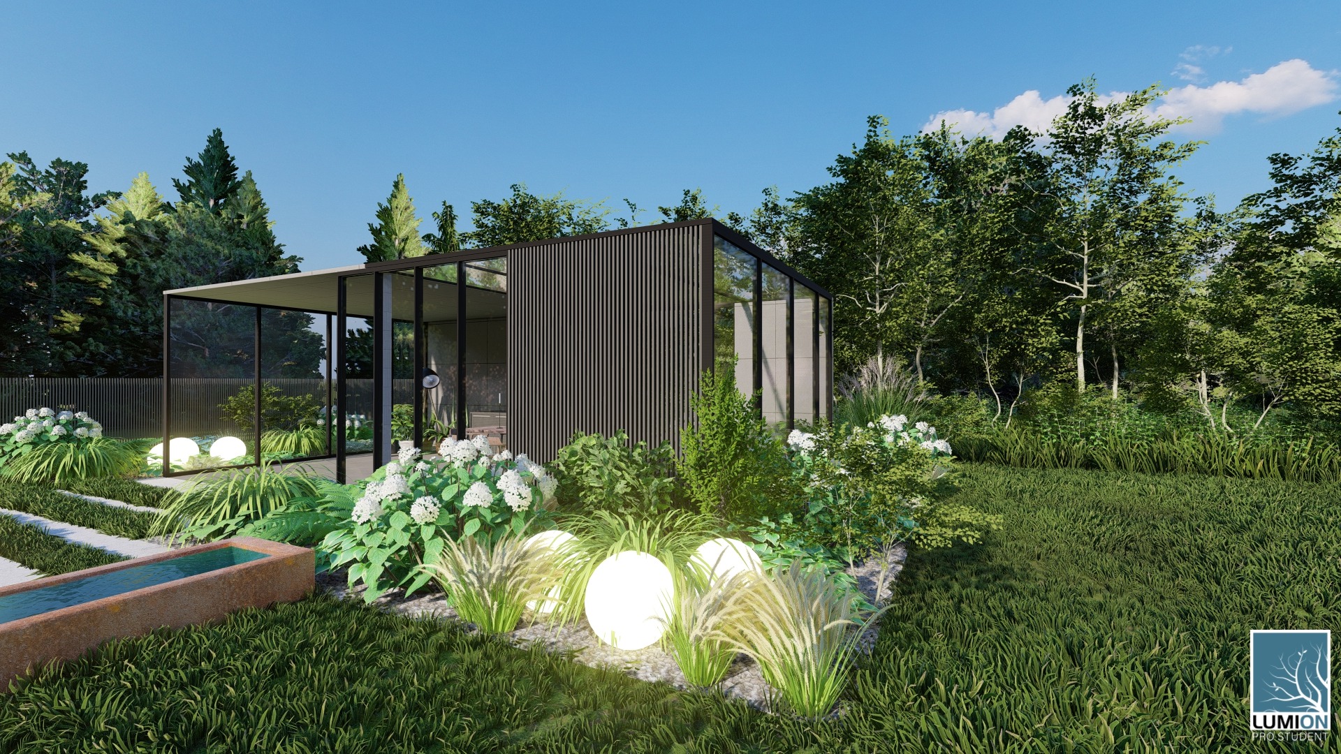 Wizualizacja ogrodu z nowoczesną altaną z przeszkleniami i elementami drewnianymi, oświetlonego kulistymi lampami, z ozdobnym korytem wodnym i bujną roślinnością.