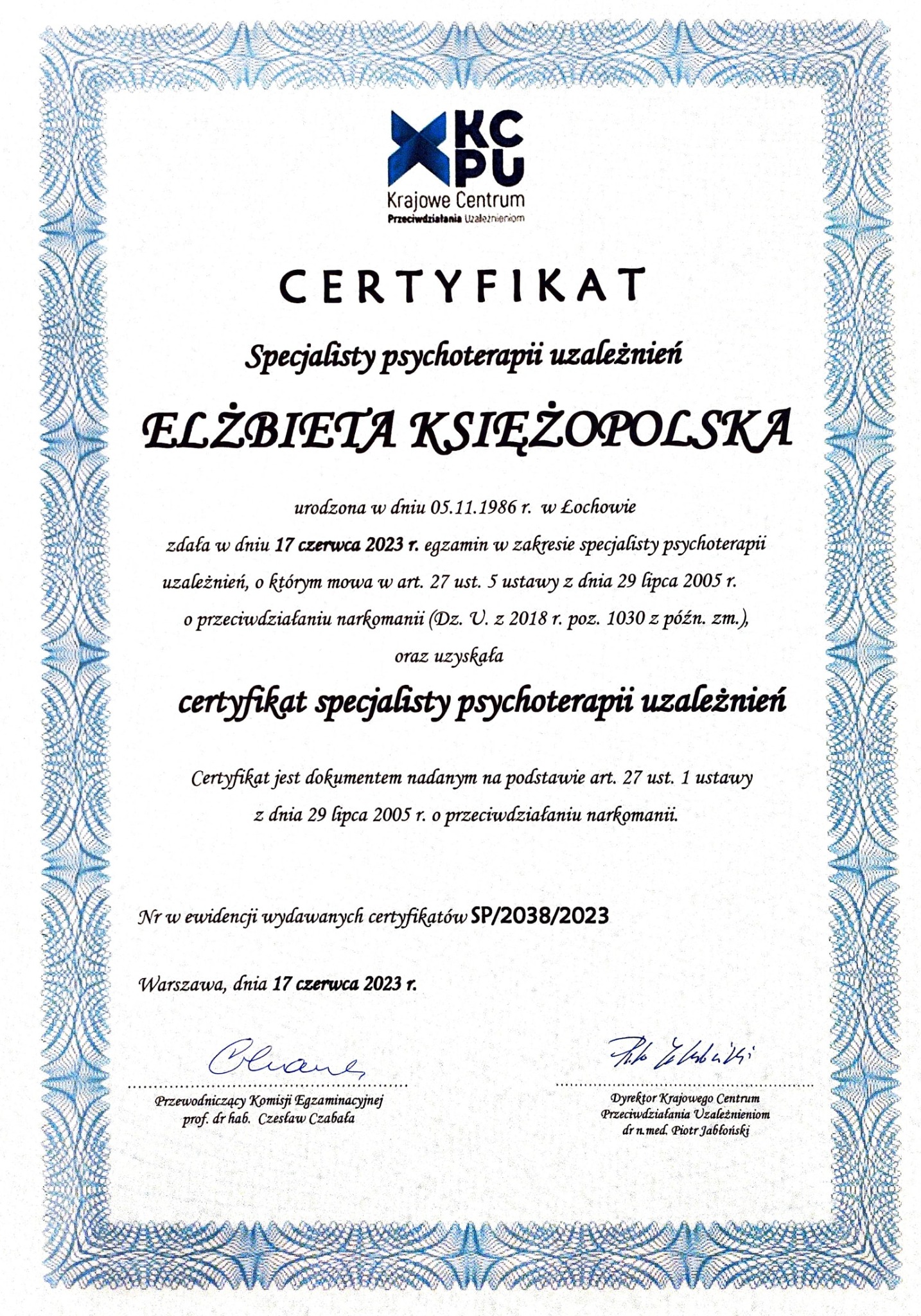 Certyfikat specjalisty psychoterapii, wydany przez Krajowe Centrum Przeciwdziałania Uzależnieniom, z imieniem i nazwiskiem Elżbieta Księżopolska i datą 17 czerwca 2023.