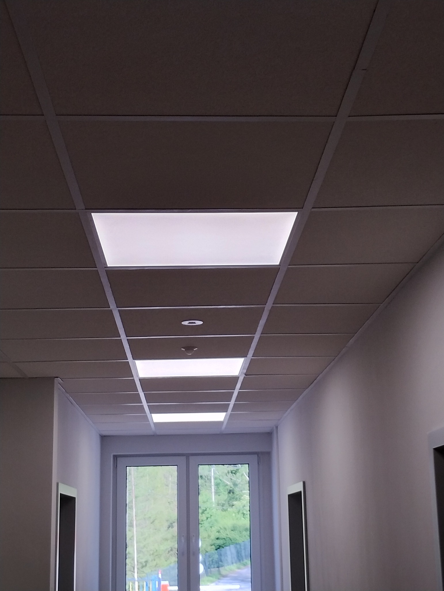 Korytarz biurowy z podwieszanym sufitem kasetonowym i wbudowanymi panelami LED, widok z dołu na sufit i drzwi na końcu korytarza.