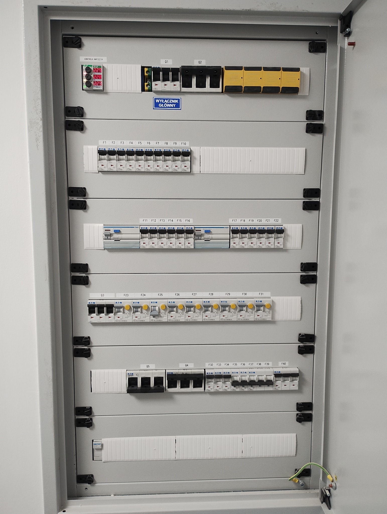 Szczegółowe ujęcie rozdzielnicy elektrycznej z wyłącznikami, bezpiecznikami i oznaczeniami w Nowogrodzie Bobrzańskim, widoczne przewody uziemiające.