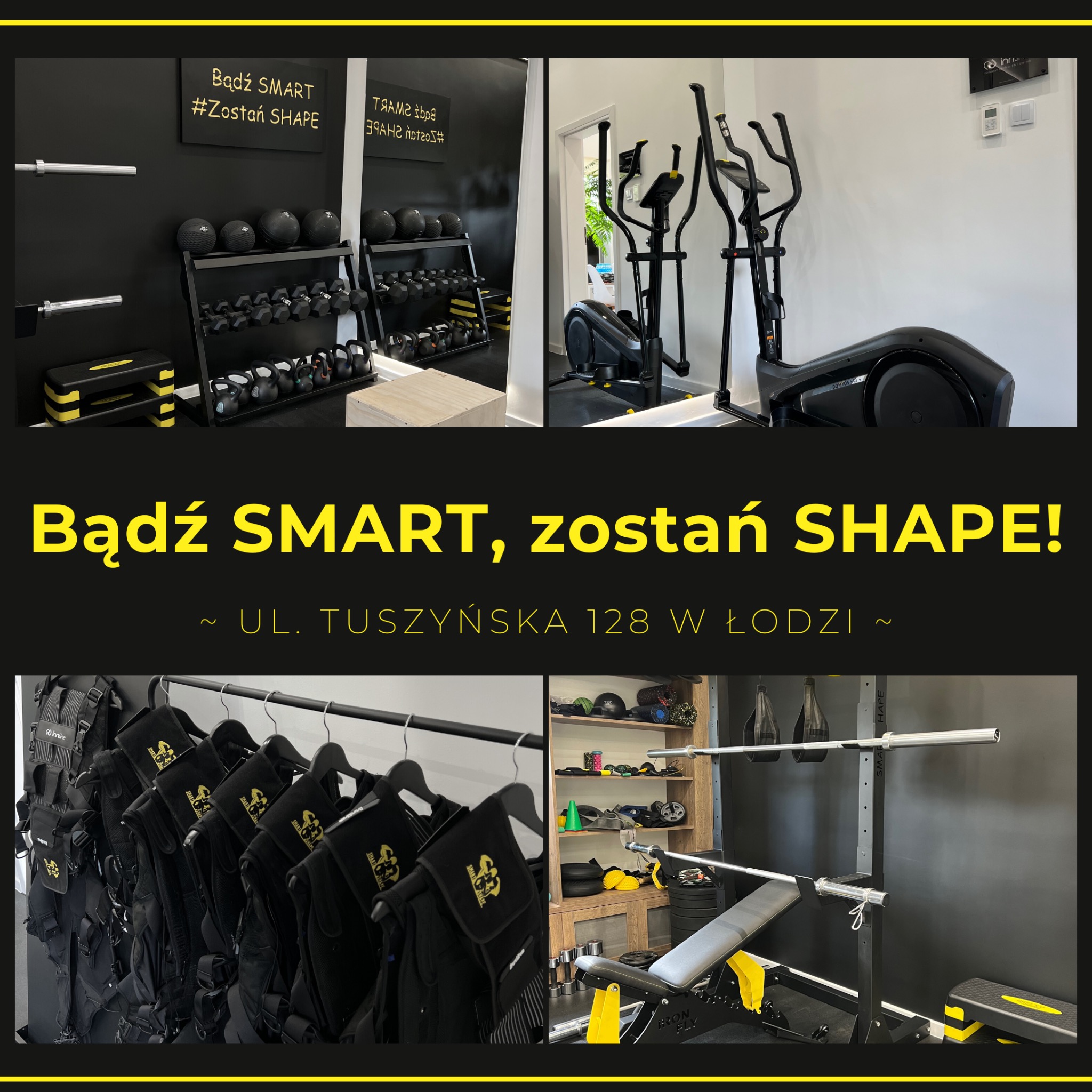 Wnętrze siłowni z różnorodnym sprzętem do ćwiczeń: hantle, kettlebells, piłki lekarskie, bieżnie eliptyczne, sztangi oraz kamizelki obciążeniowe wiszące na wieszaku, wszystko utrzymane...