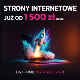 Stylizowana rakieta startuje z ekranu laptopa, otoczona chmurami i promieniami, na tle kosmicznej przestrzeni. Tekst: Strony internetowe już od 1500 zł netto. Daj firmie wystartować!