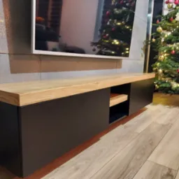 Szafka RTV Czarny Mat+Blat Dębowy-Fornirowany Półmat.