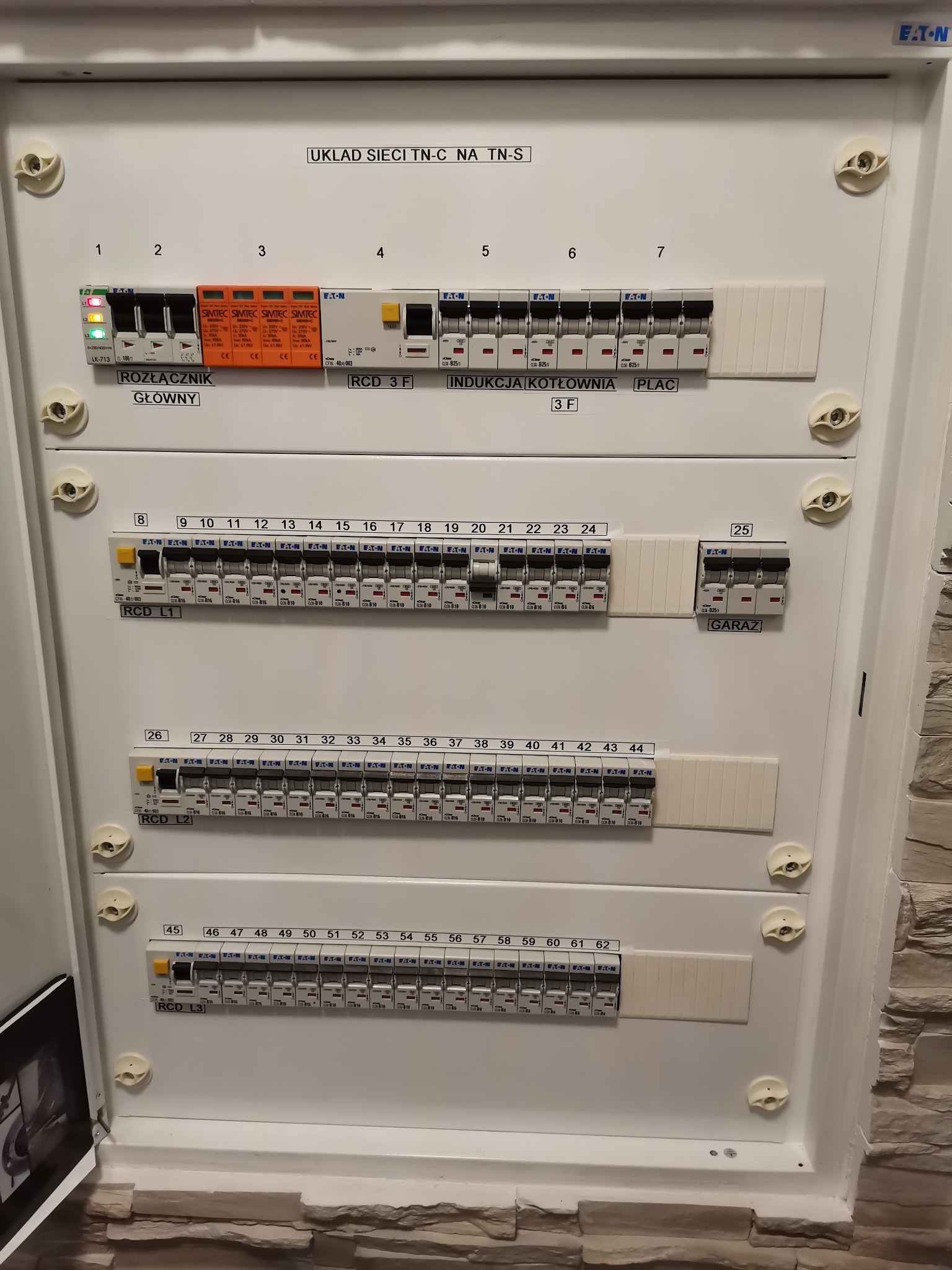 Rozdzielnia elektryczna z bezpiecznikami i oznaczeniami obwodów (indukcja, kotłownia, plac, garaż) w białej obudowie, zamontowana na ścianie z dekoracyjną okładziną.