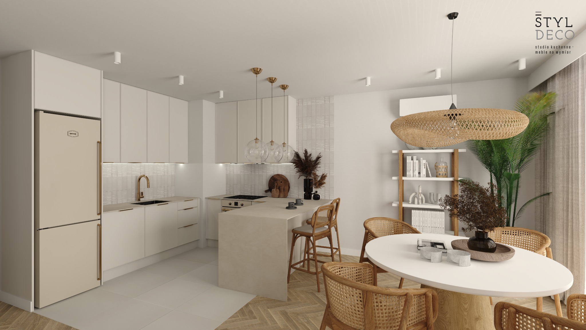 Wizualizacja wnętrza: jasna kuchnia z wyspą, rattanowe krzesła barowe, okrągły stół jadalny z dekoracjami, lampa z rattanu, beżowa lodówka retro i drewniana podłoga w jodełkę.