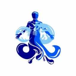 Abstrakcyjna, niebieska ilustracja przedstawiająca postać ludzką stylizowaną na wodę, z płynącymi strumieniami i kroplami, na białym tle.