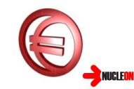 Czerwone logo z symbolem przypominającym euro w okręgu, animowane w 3D, z cieniem i odblaskami, obok czerwona strzałka wskazująca na napis NUCLEON.