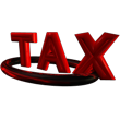Czerwone, błyszczące litery 'TAX' w animacji 3D, otoczone rozmytym, czarnym pierścieniem na czarnym tle.
