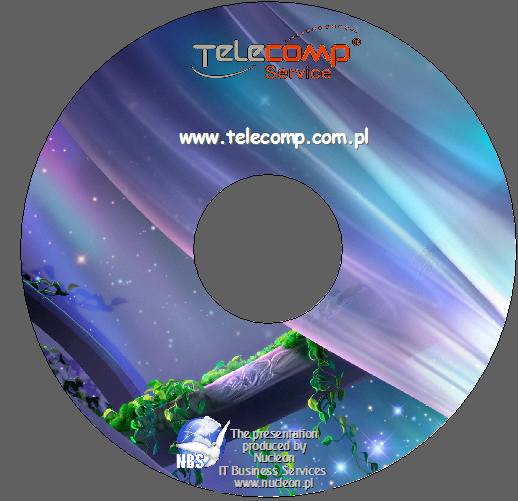 Płyta CD z grafiką prezentacji multimedialnej Telecomp Service z motywem kosmicznym, roślinami i adresem www.telecomp.com.pl.