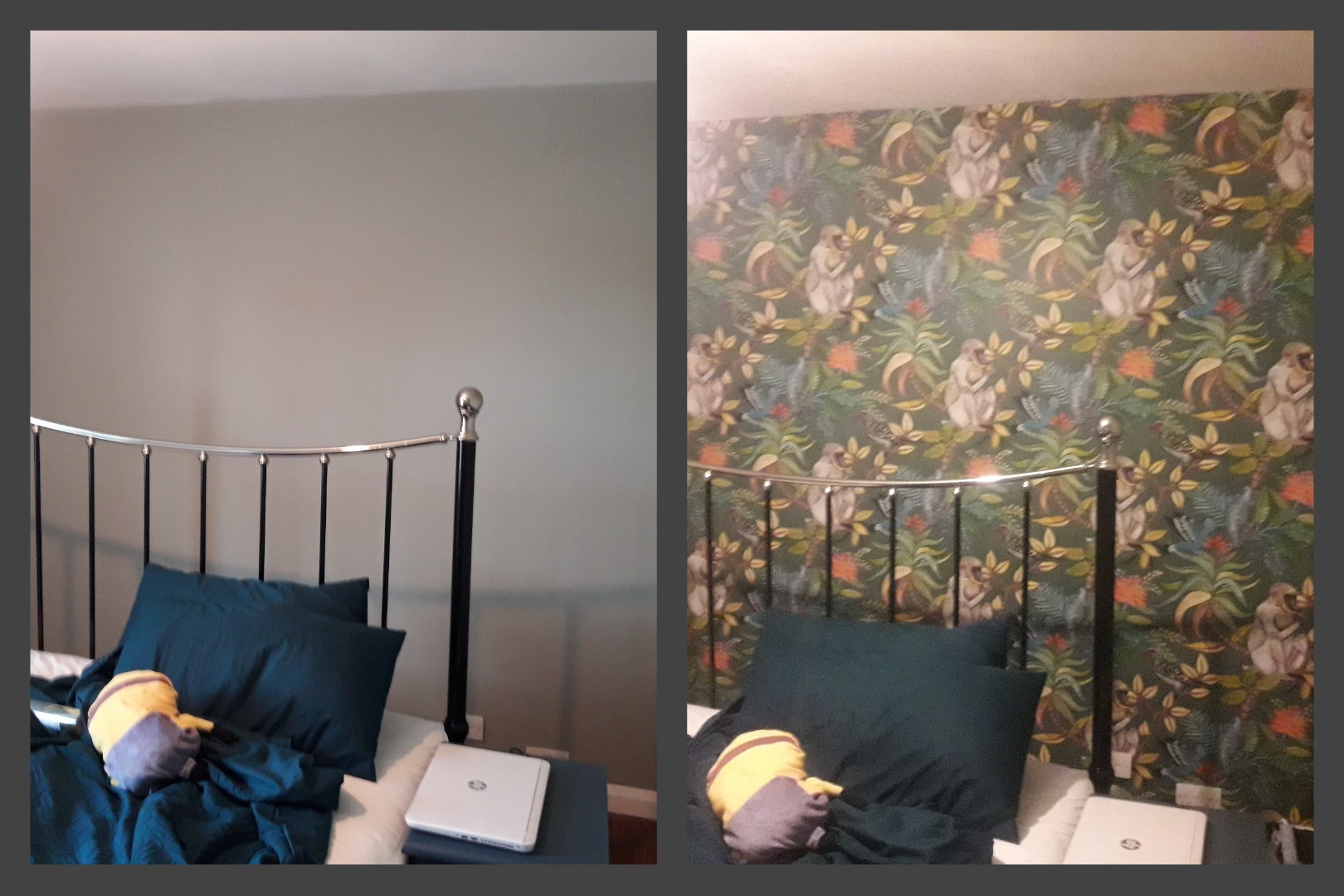 Pokój sypialny przed i po: ściana po lewej stronie pomalowana na szaro, po prawej pokryta tapetą z motywem małp i roślin tropikalnych. Widoczne łóżko z ciemną pościelą, poduszki i laptop.