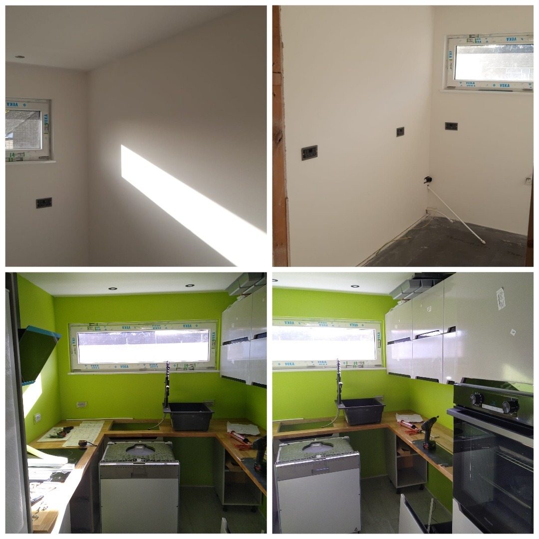 Cztery ujęcia tej samej kuchni w Staszowie: dwa przedstawiają ściany po szpachlowaniu i malowaniu na biało, a dwa ukazują kuchnię z zielonymi ścianami i zamontowanymi szafkami, blatem i sprzętem AGD.
