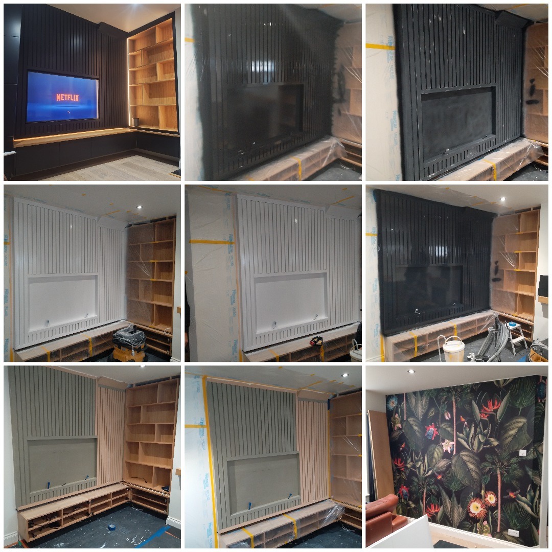 Seria zdjęć przedstawiająca etapowe malowanie panelowej ściany z wnęką na telewizor oraz drewnianych regałów w salonie, od stanu surowego przez szpachlowanie i malowanie na biało, szaro i czarno...