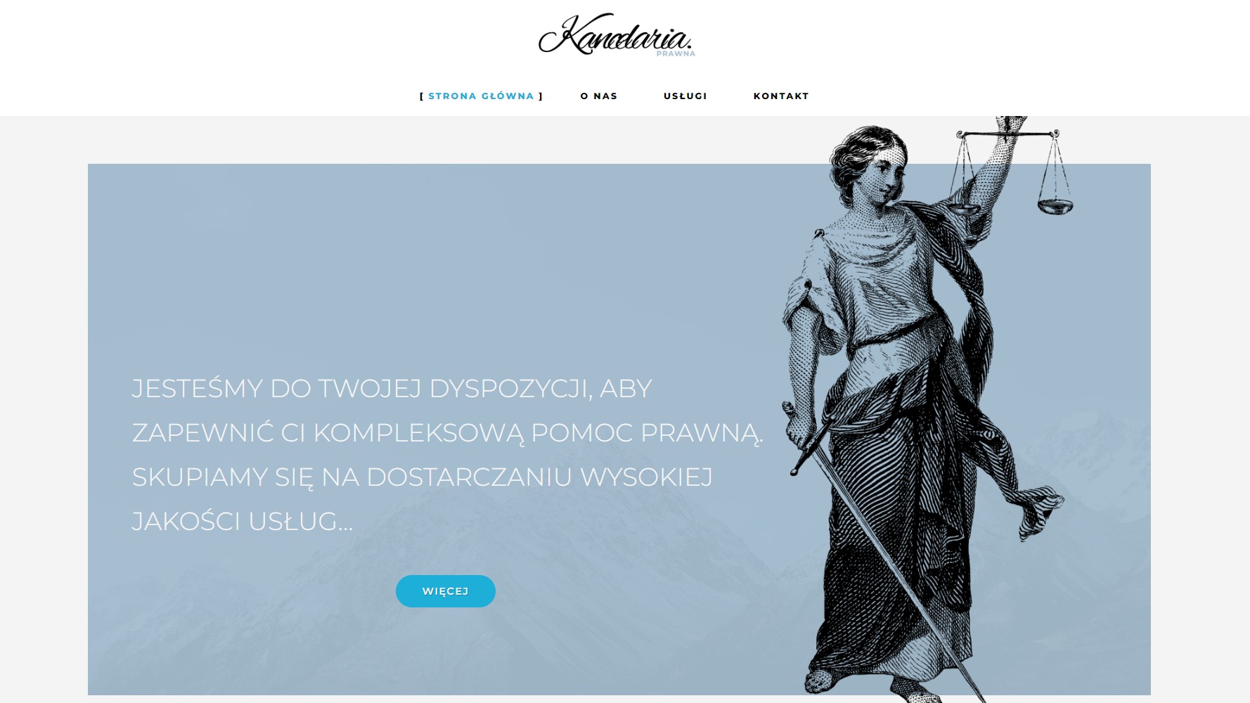Strona internetowa kancelarii prawnej z ilustracją Temidy trzymającej wagę sprawiedliwości.